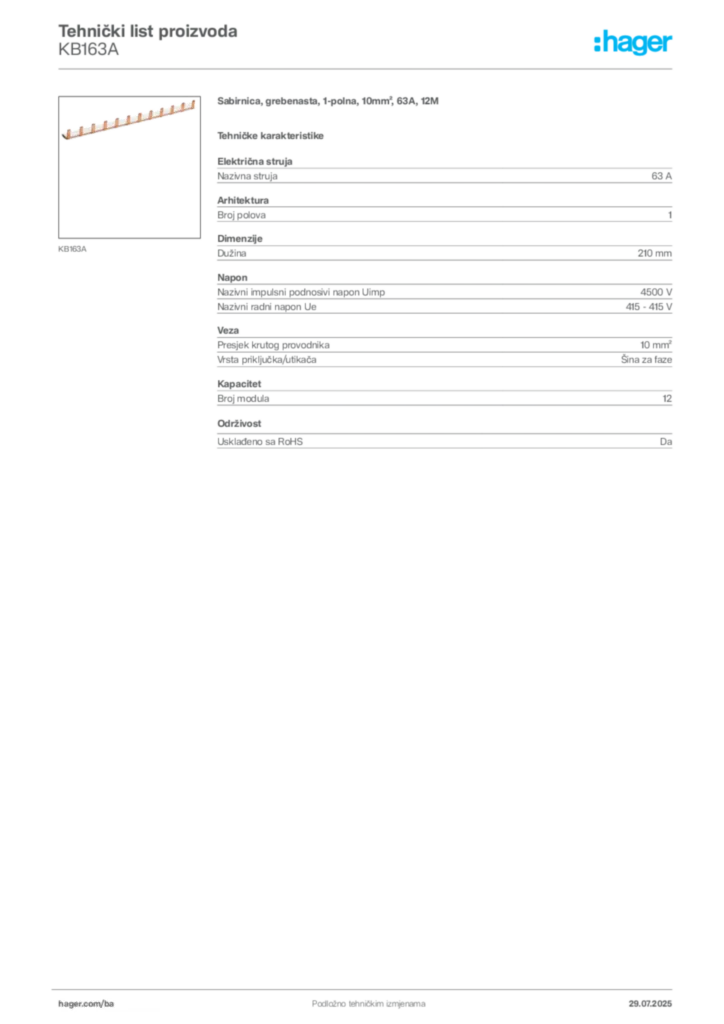 Slika Hager Product data sheet KB163A  | Hager