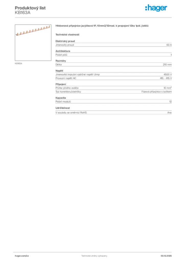 Obrázek Hager Product data sheet KB163A | Hager
