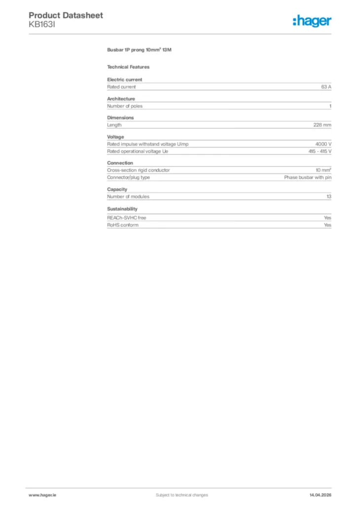 Image Hager Product data sheet KB163I  | Hager