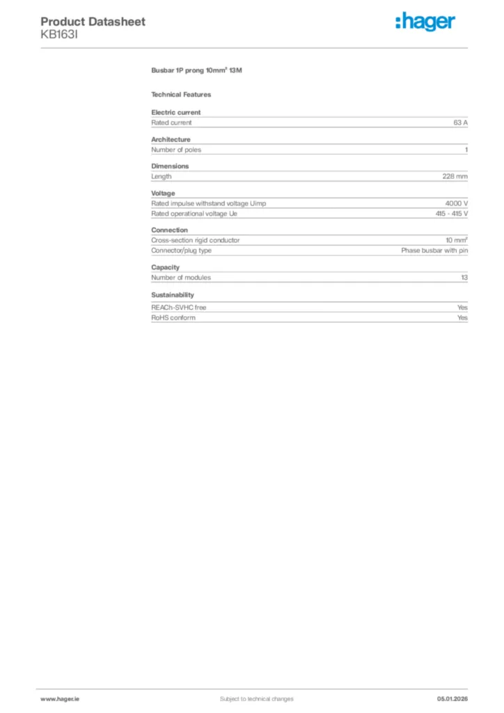 Image Hager Product data sheet KB163I  | Hager