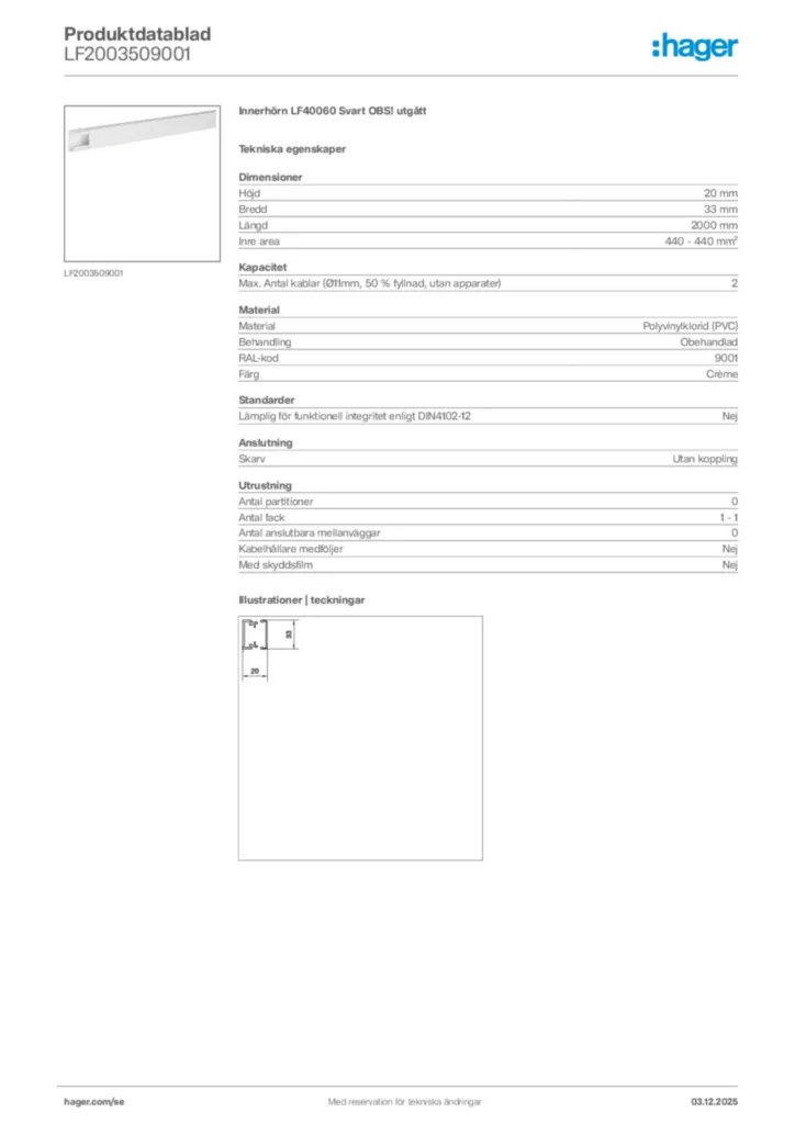 Bild Hager Produktdatablad LF2003509001 | Hager Sverige