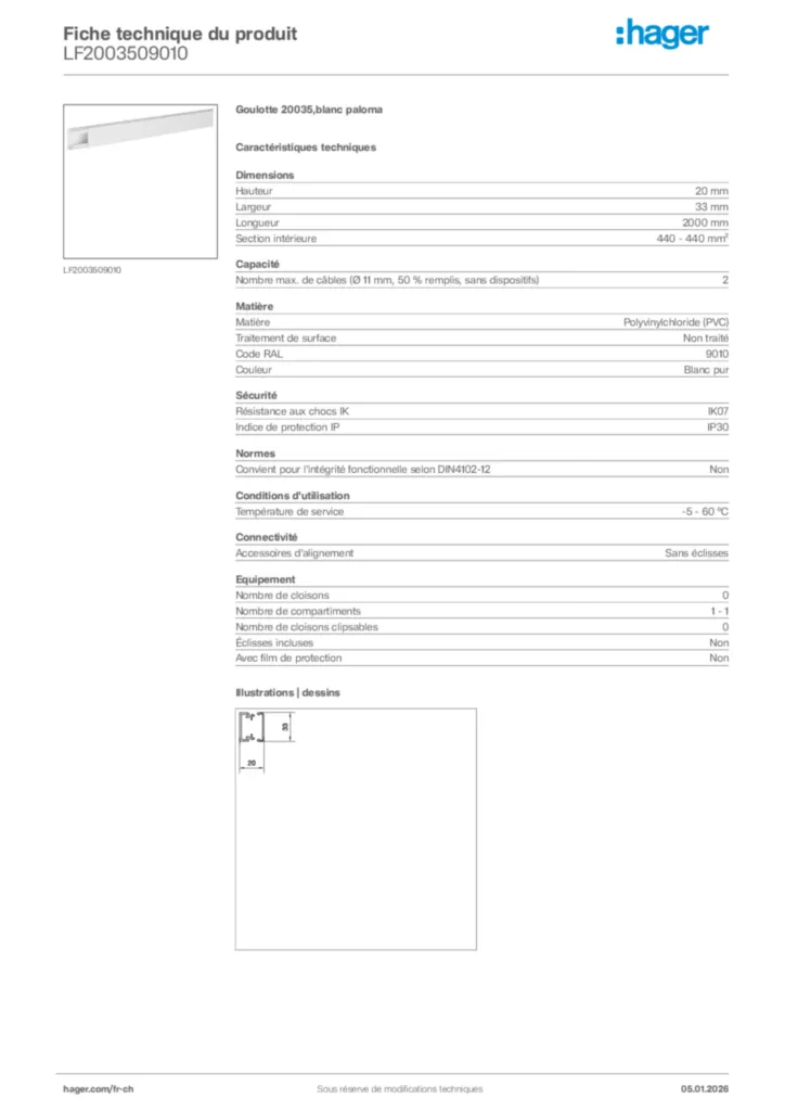 Image Hager Fiche technique du produit LF2003509010 | Hager Suisse