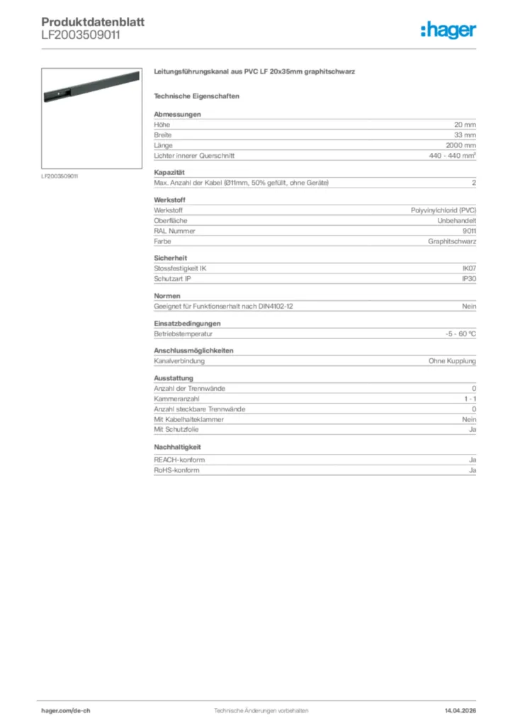 Bild Hager Produktdatenblatt LF2003509011 | Hager Schweiz