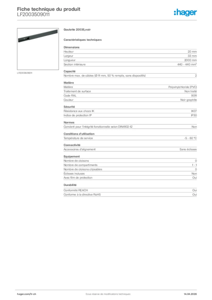 Image Hager Fiche technique du produit LF2003509011 | Hager Suisse