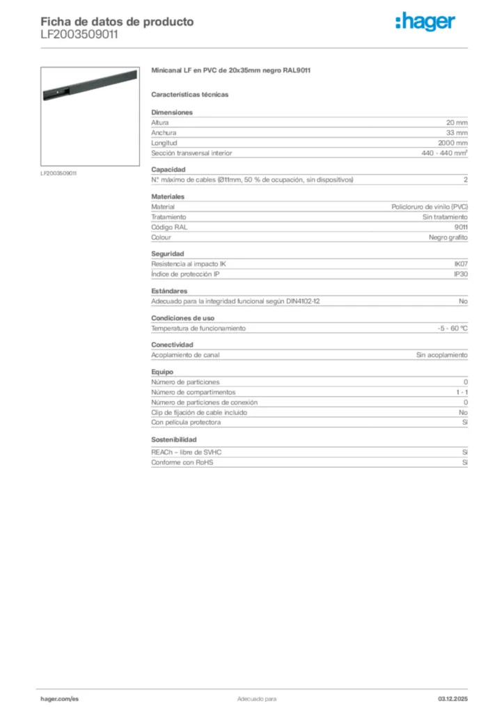 Imagen Hager Ficha de datos de producto LF2003509011 | Hager España