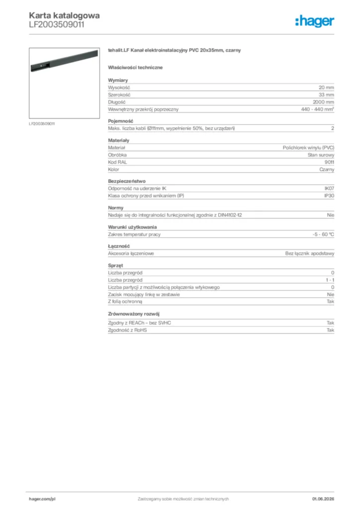 Zdjęcie Hager Karta katalogowa LF2003509011 | Hager Polska