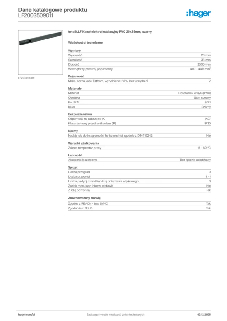 Zdjęcie Hager Karta katalogowa LF2003509011 | Hager Polska