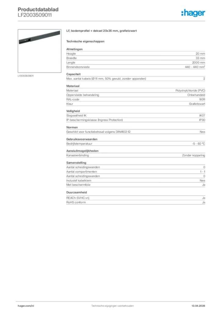 Afbeelding Hager Productdatablad LF2003509011 | Hager Nederland
