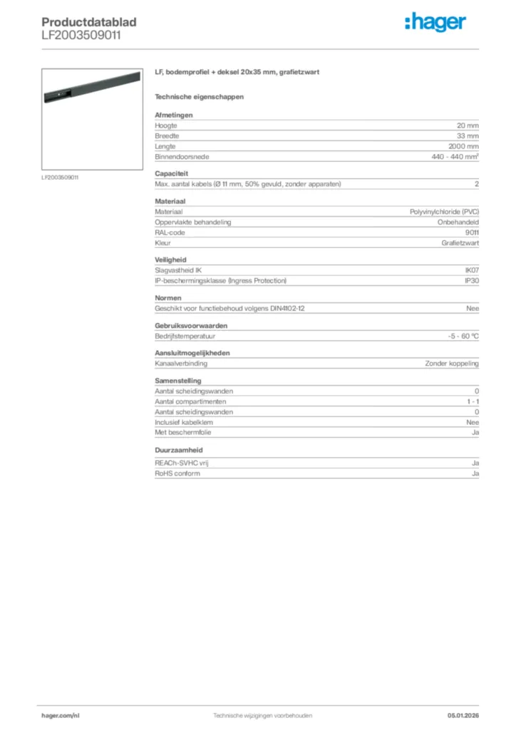 Afbeelding Hager Productdatablad LF2003509011 | Hager Nederland