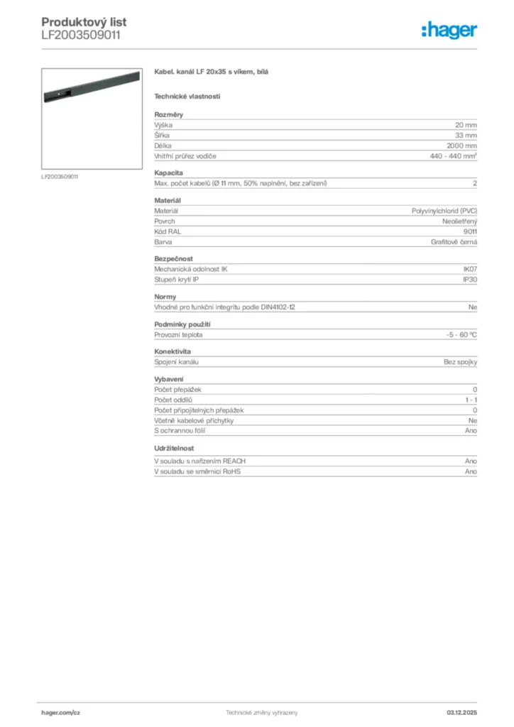 Obrázek Hager Product data sheet LF2003509011 | Hager