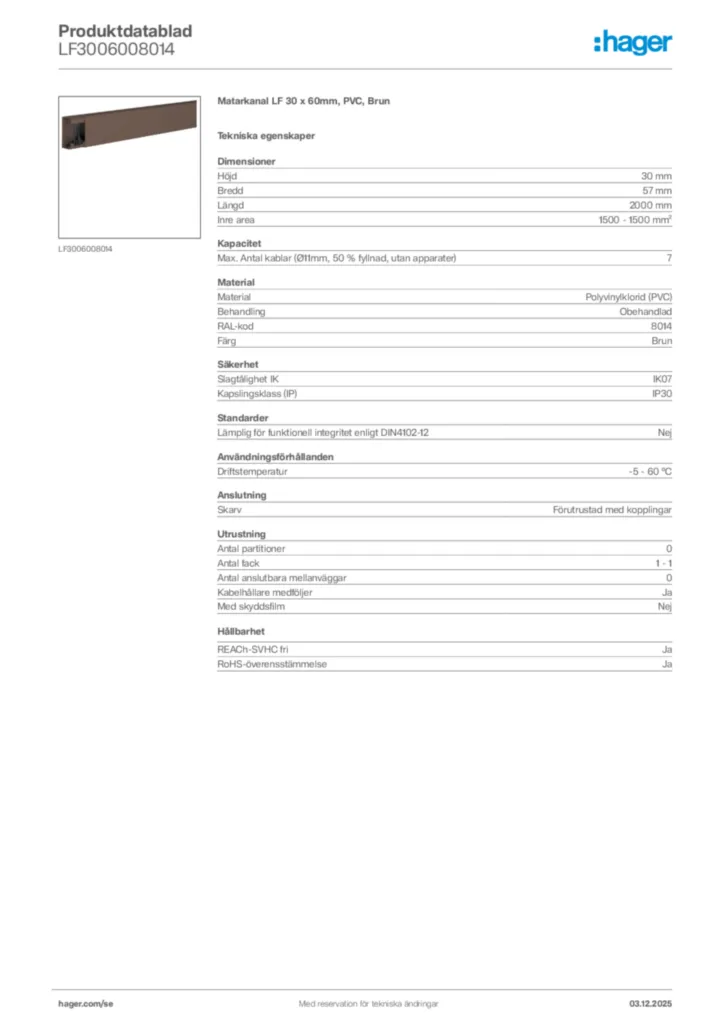 Bild Hager Produktdatablad LF3006008014 | Hager Sverige