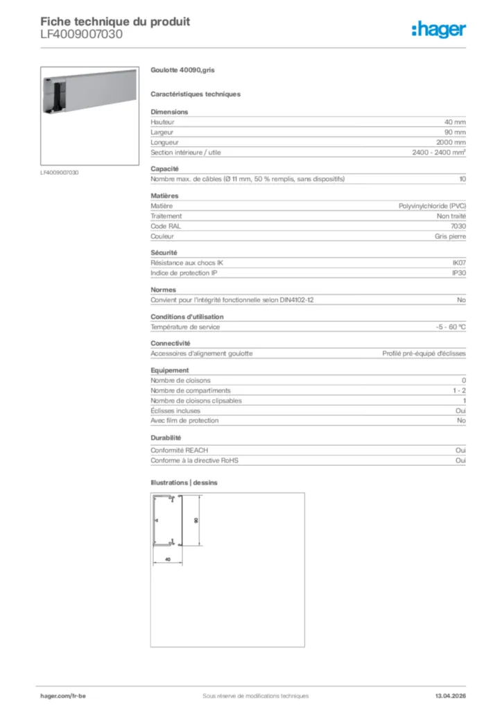 Image Hager Fiche technique du produit LF4009007030 | Hager Belgique