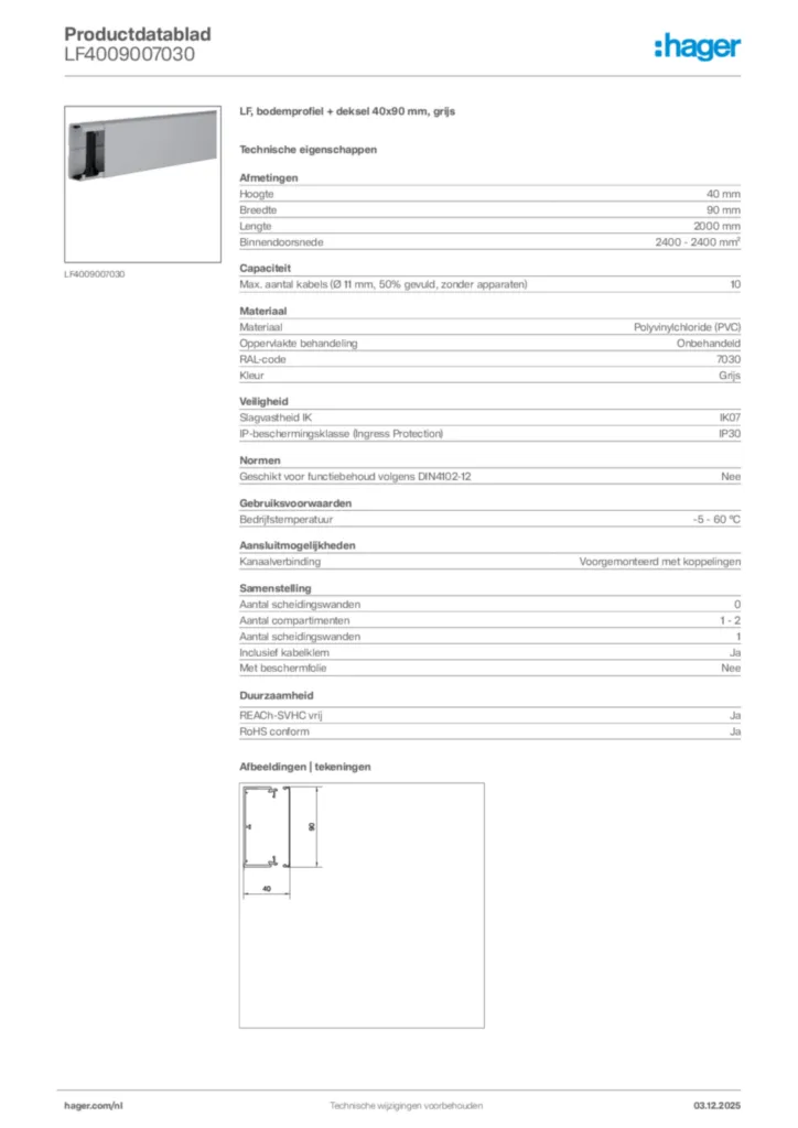 Afbeelding Hager Productdatablad LF4009007030 | Hager Nederland