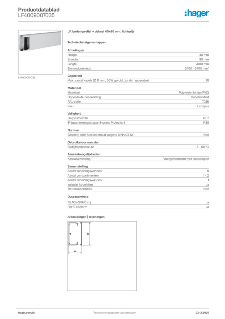 Afbeelding Hager Productdatablad LF4009007035 | Hager Nederland