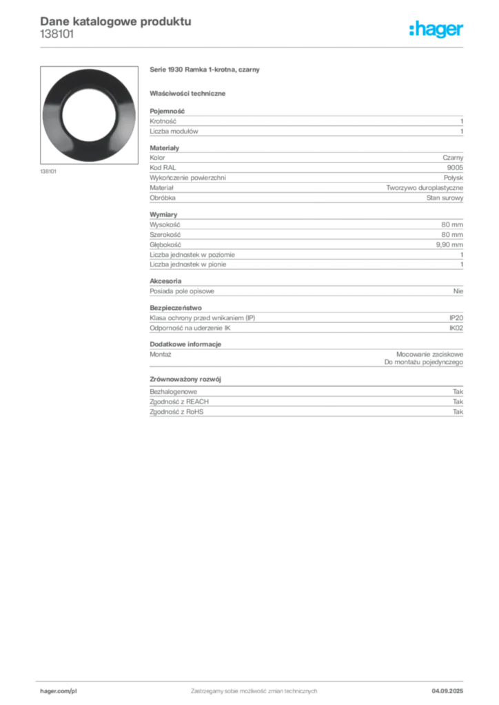 Zdjęcie Hager Dane katalogowe produktu 138101 | Hager Polska