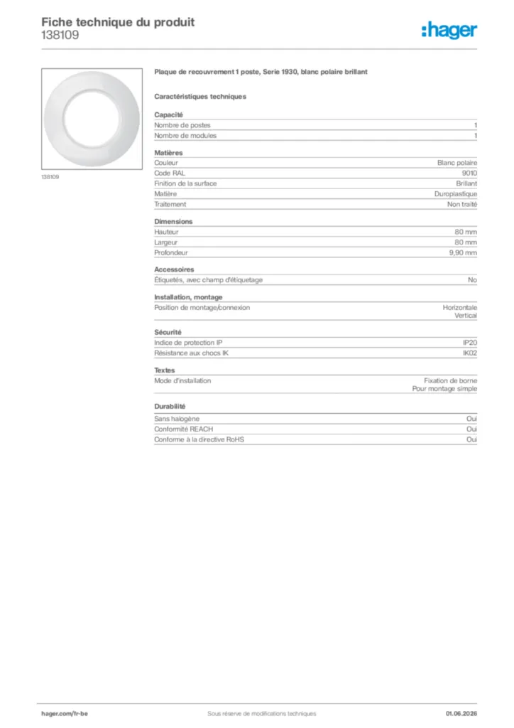 Image Hager Fiche technique du produit 138109 | Hager Belgique