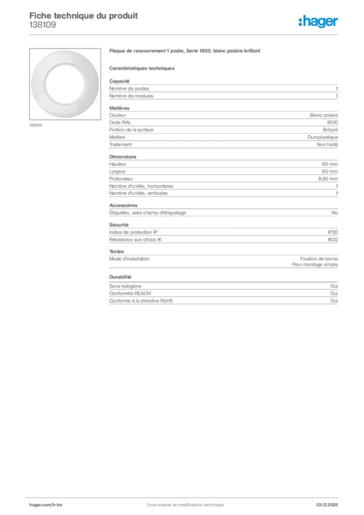 Image Hager Fiche technique du produit 138109 | Hager Belgique