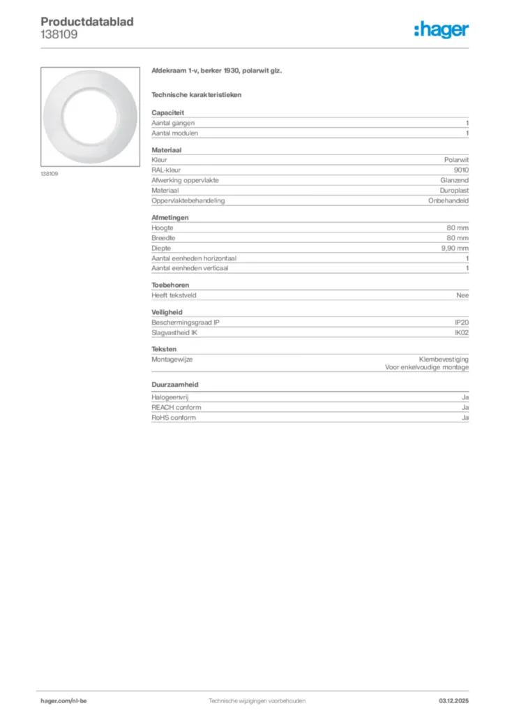 Afbeelding Hager Productdatablad 138109 | Hager Belgium