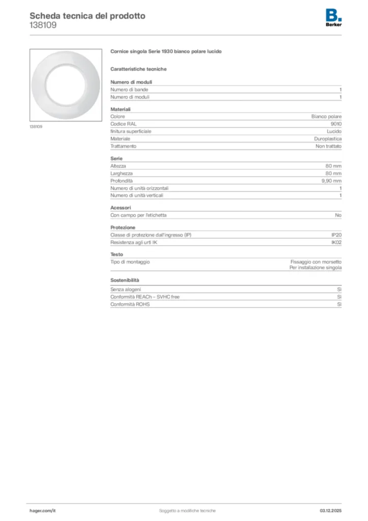 Immagine Berker Scheda tecnica del prodotto 138109 | Hager Italia