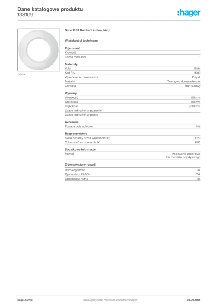 Zdjęcie Hager Dane katalogowe produktu 138109 | Hager Polska