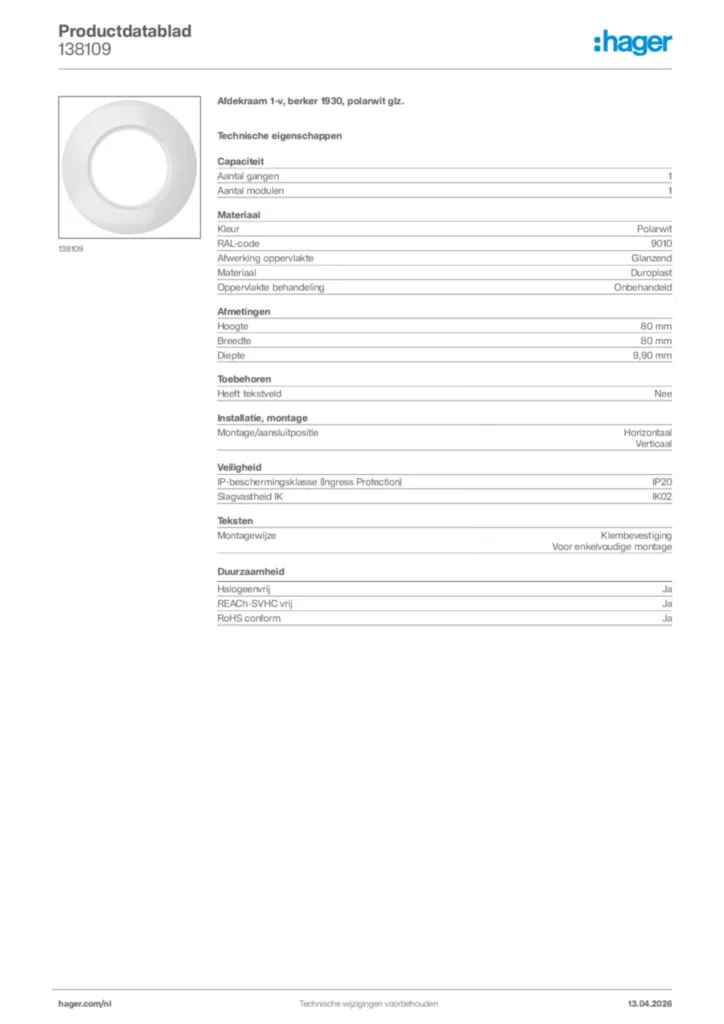 Afbeelding Hager Productdatablad 138109 | Hager Nederland