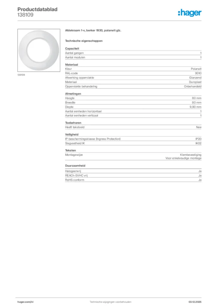 Afbeelding Hager Productdatablad 138109 | Hager Nederland