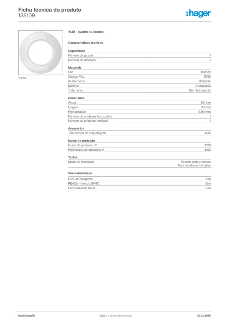 Imagem Hager Ficha técnica do produto 138109 | Hager Portugal