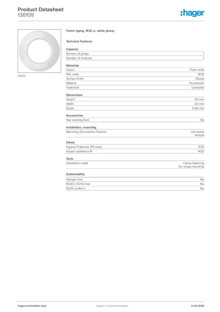 Image Hager Product data sheet 138109  | Hager