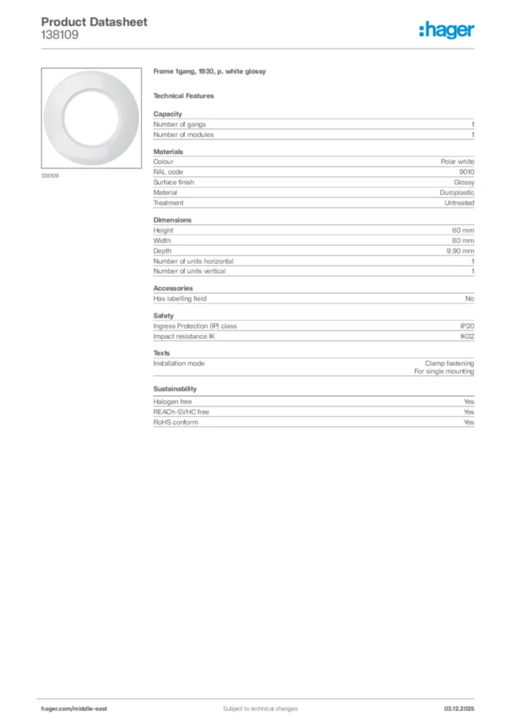 Image Hager Product data sheet 138109  | Hager