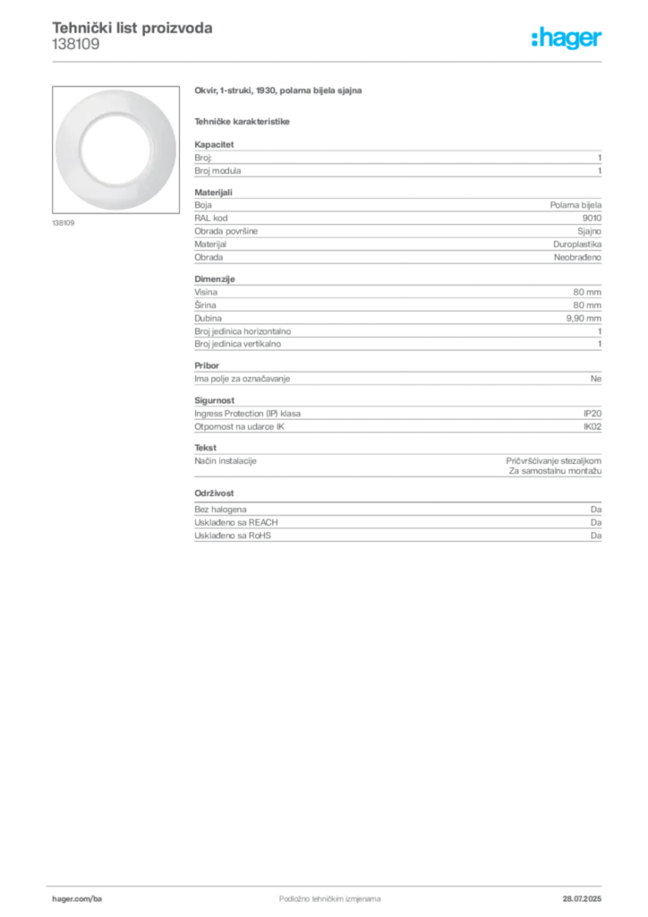 Slika Hager Product data sheet 138109  | Hager