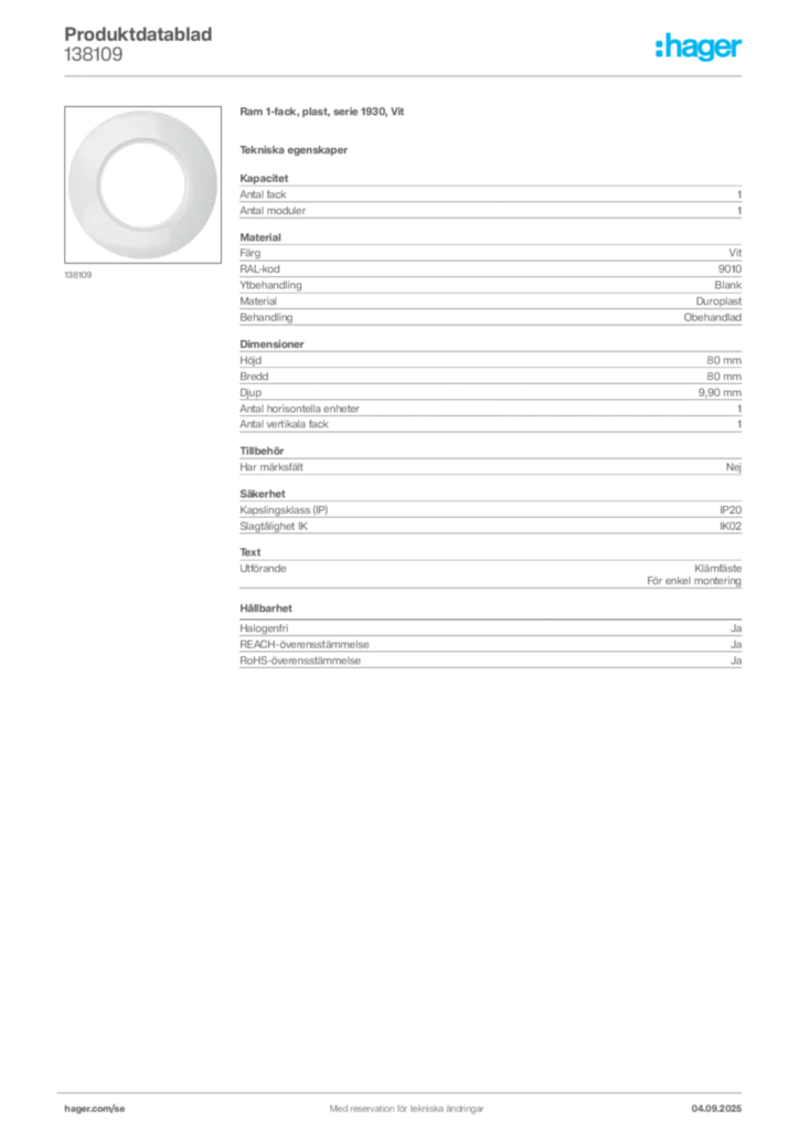 Bild Hager Produktdatablad 138109 | Hager Sverige