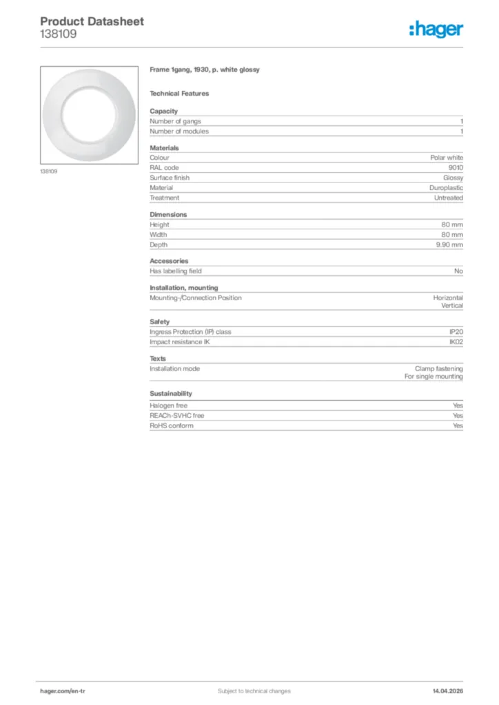 Image Hager Product data sheet 138109  | Hager
