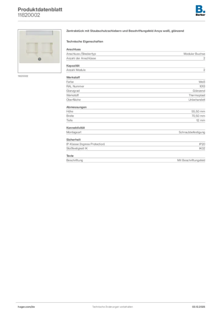 Bild Berker Produktdatenblatt 11820002 | Hager Deutschland