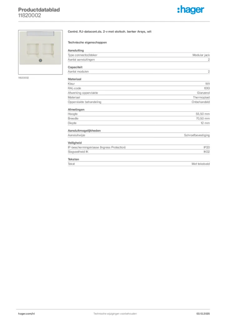 Afbeelding Hager Productdatablad 11820002 | Hager Nederland
