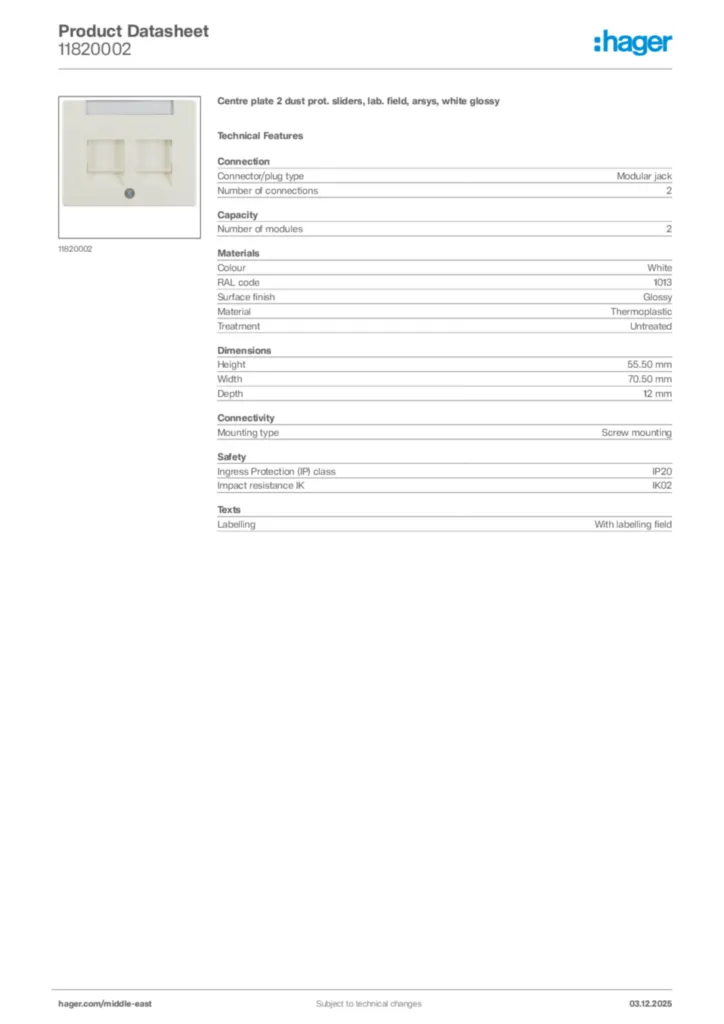 Image Hager Product data sheet 11820002  | Hager