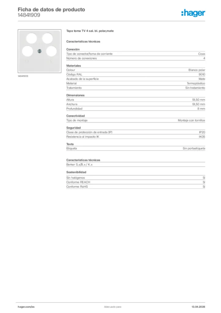 Imagen Hager Ficha de datos de producto 14841909 | Hager España