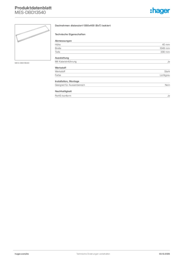 Bild Hager Produktdatenblatt MES-DBD13540 | Hager Deutschland