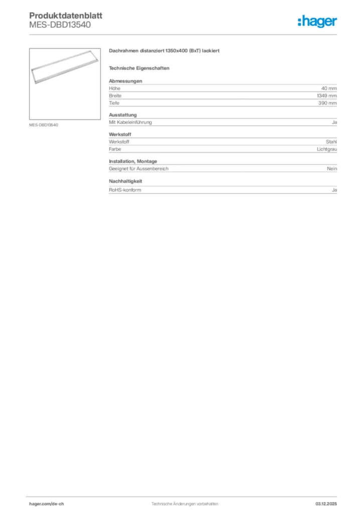 Bild Hager Produktdatenblatt MES-DBD13540 | Hager Schweiz