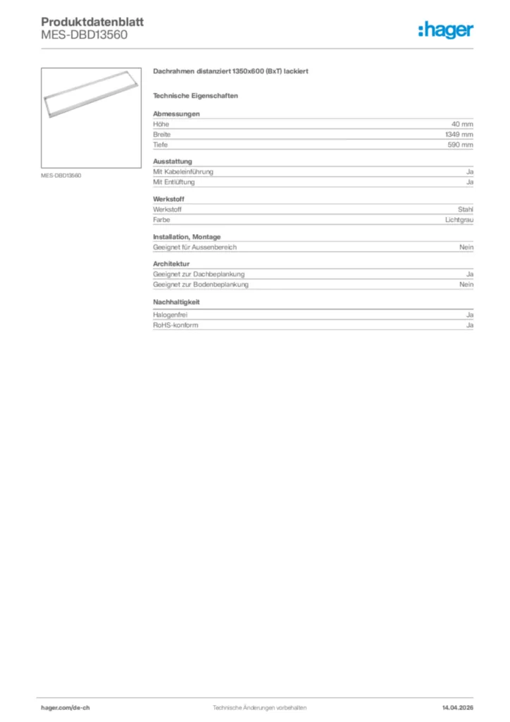 Bild Hager Produktdatenblatt MES-DBD13560 | Hager Schweiz