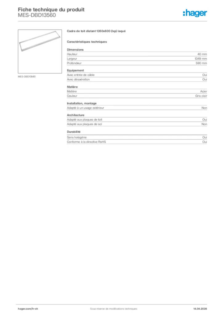 Image Hager Fiche technique du produit MES-DBD13560 | Hager Suisse