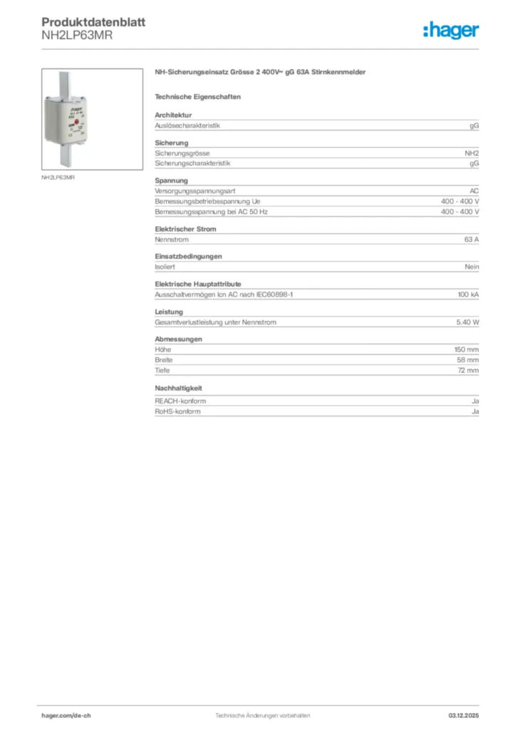 Bild Hager Produktdatenblatt NH2LP63MR | Hager Schweiz