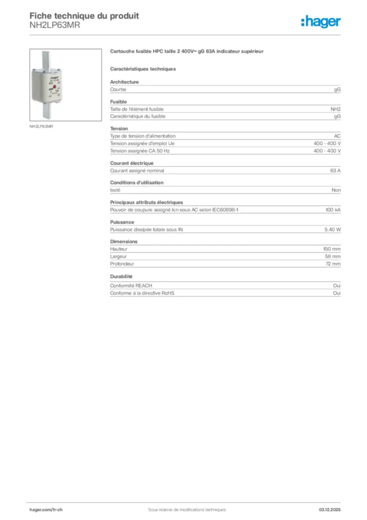 Image Hager Fiche technique du produit NH2LP63MR | Hager Suisse
