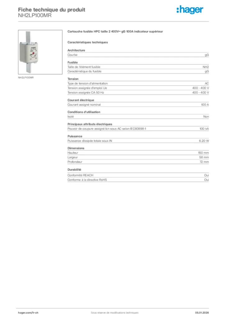 Image Hager Fiche technique du produit NH2LP100MR | Hager Suisse