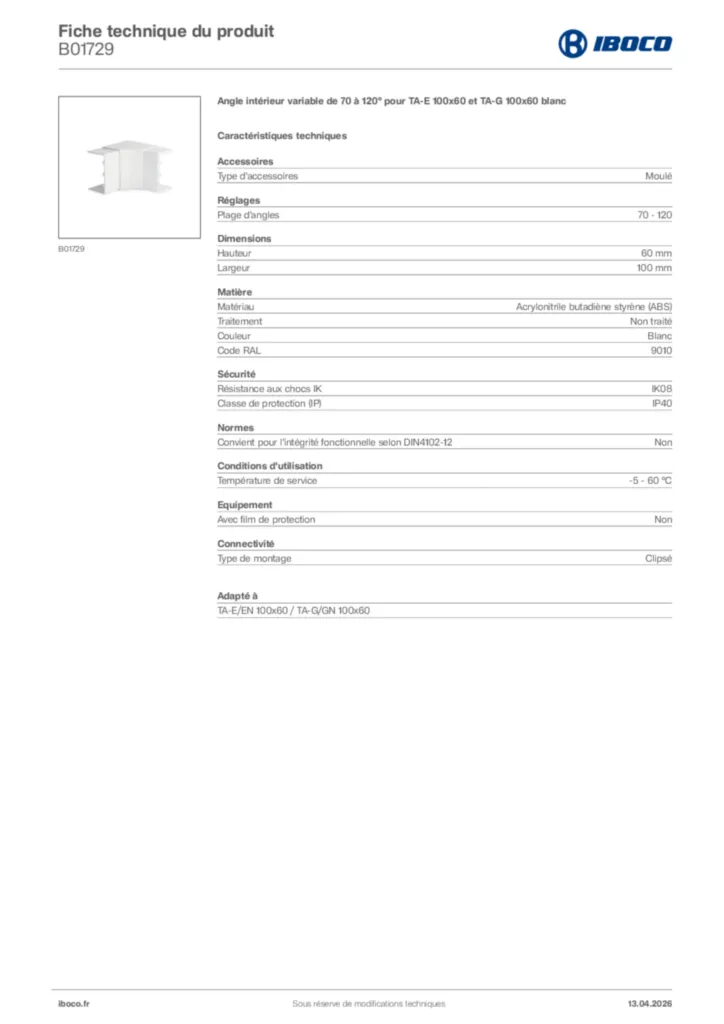 Image Iboco Fiche technique du produit B01729 | Hager France