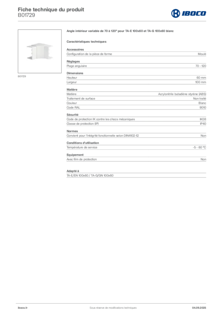 Image Iboco Fiche technique du produit B01729 | Hager France