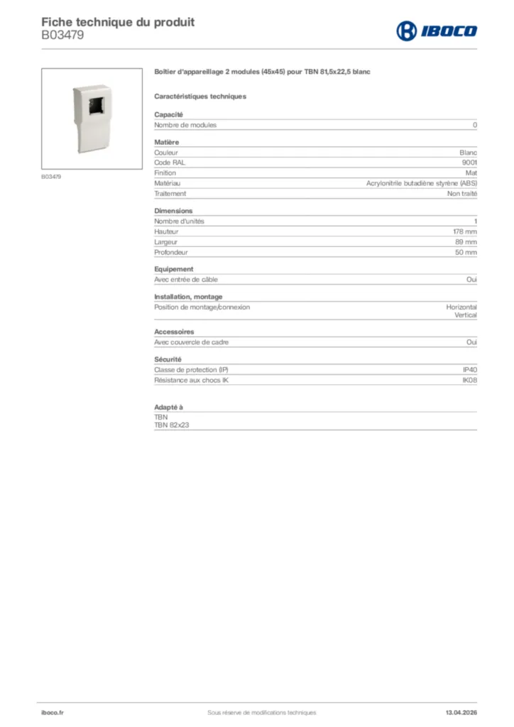 Image Iboco Fiche technique du produit B03479 | Hager France