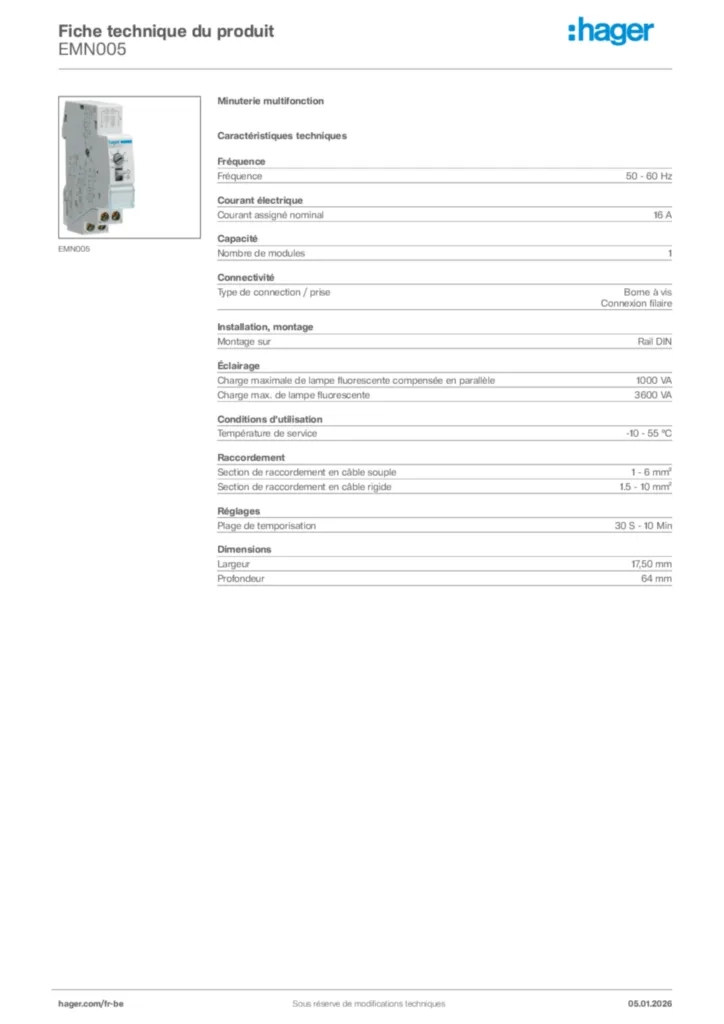 Image Hager Fiche technique du produit EMN005 | Hager Belgique
