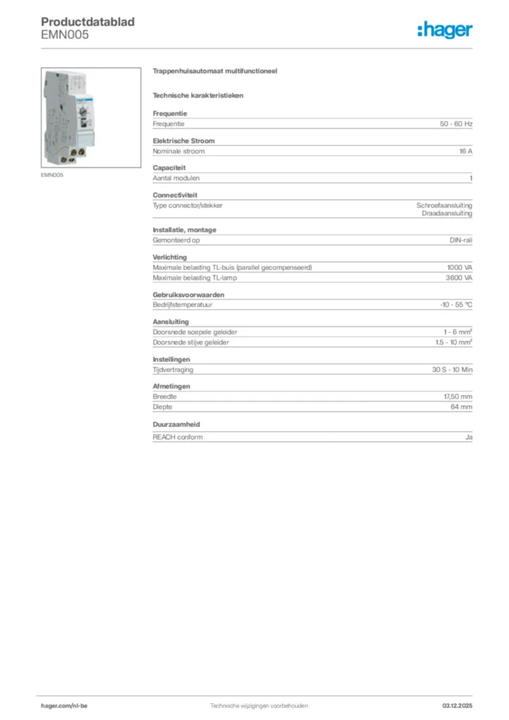 Afbeelding Hager Productdatablad EMN005 | Hager Belgium