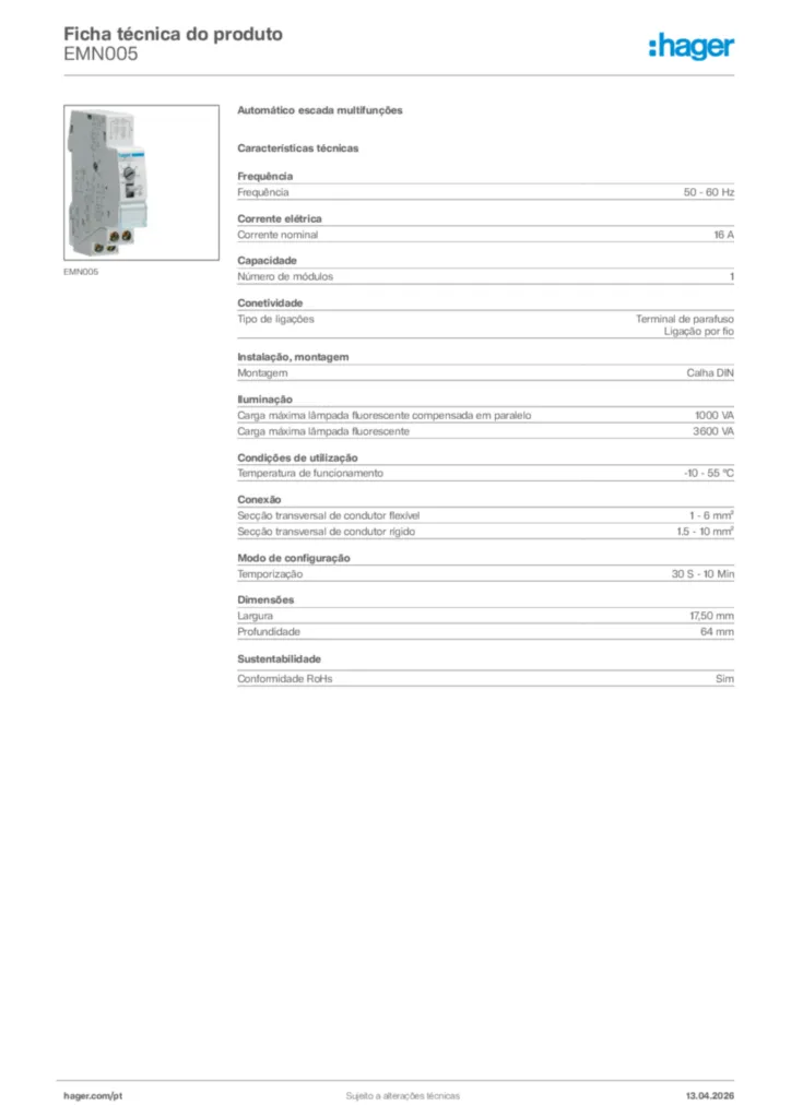 Imagem Hager Ficha técnica do produto EMN005 | Hager Portugal