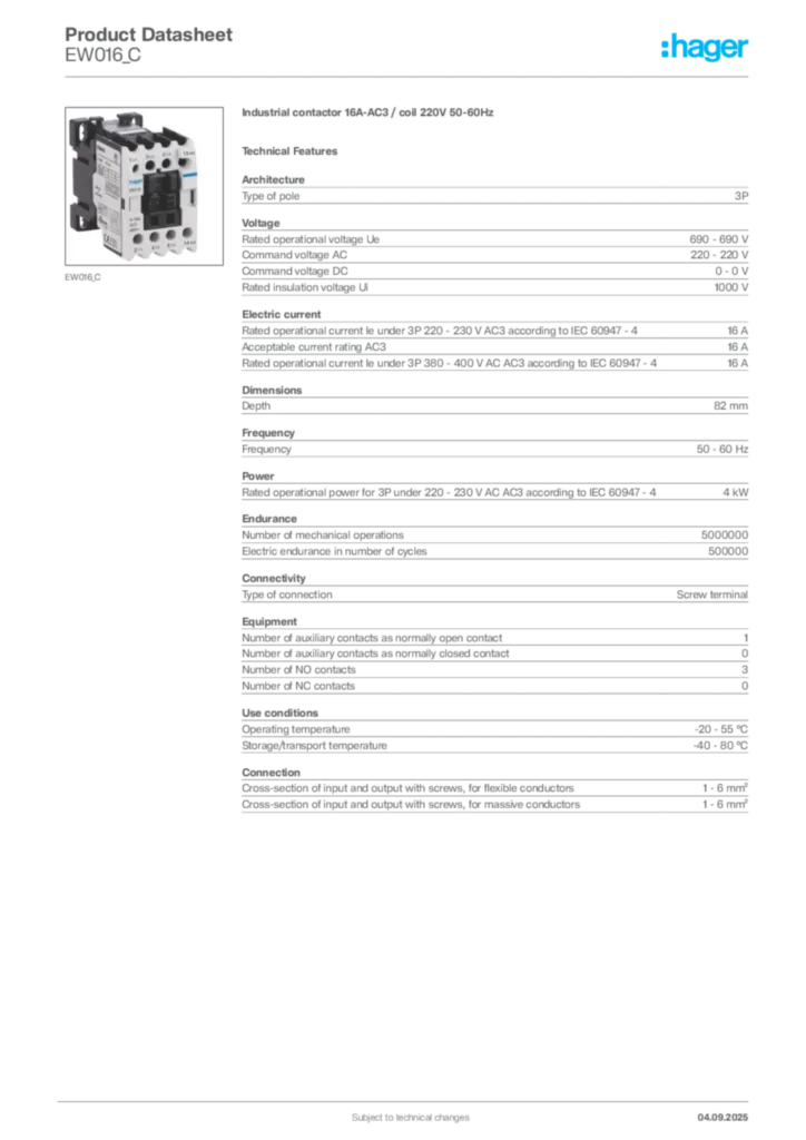Image Hager Product data sheet EW016_C  | Hager
